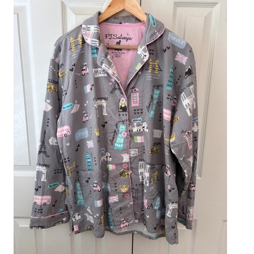 P.J. Salvage Gray Cotton Flannel Travel Motif Button Front Pajama Top L